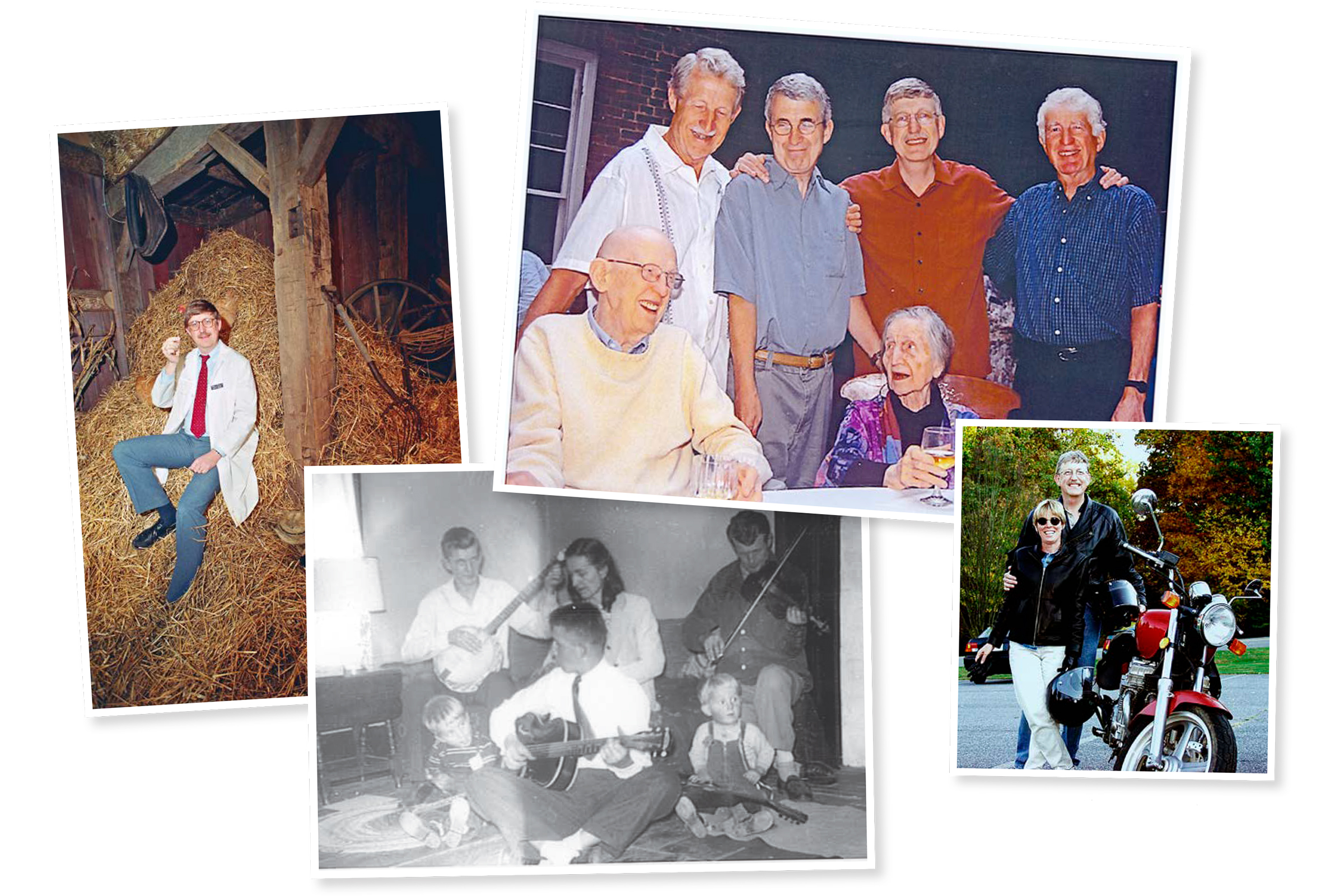 From left: Collins illustrating the challenge of gene hunting in 1989; with family in 1951 and 2003; with his second wife Diane Baker in 2004