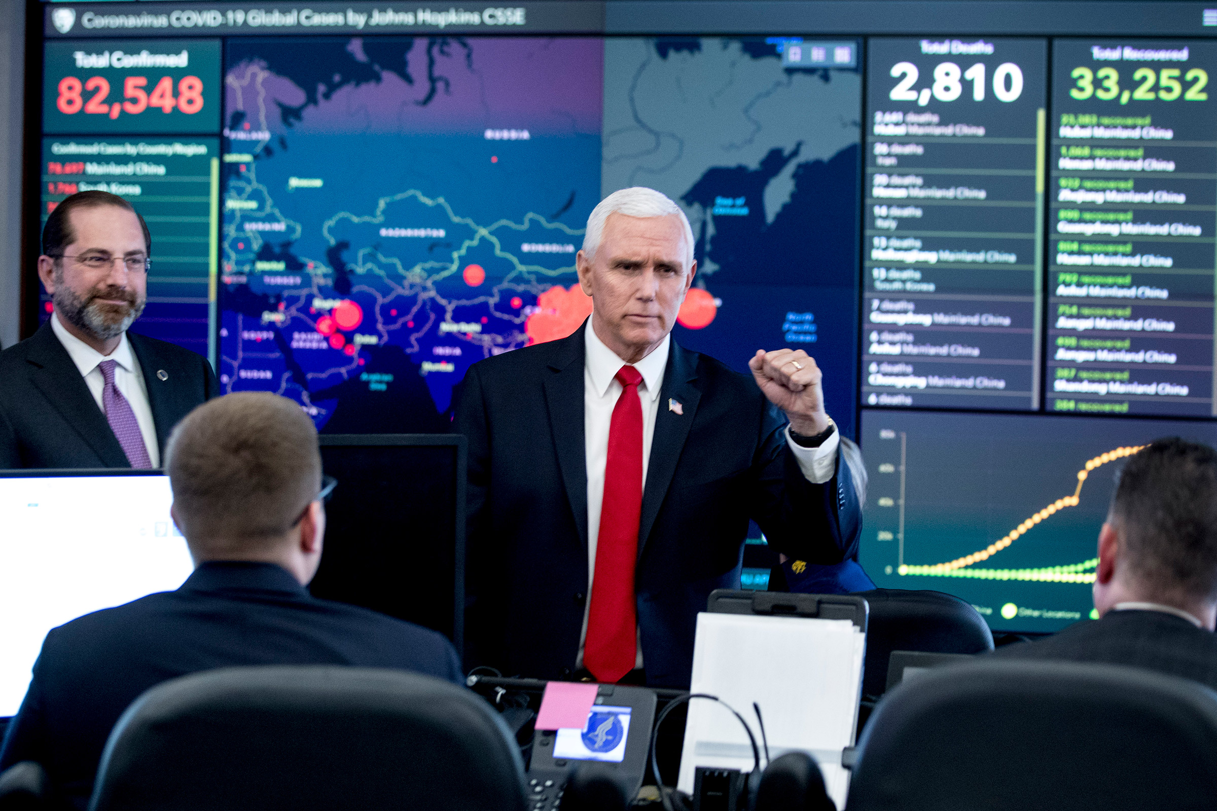 A large monitor displaying a map of Asia and a tally of total coronavirus cases, deaths, and recovered, is visible behind Vice President Mike Pence, center, and Health and Human Services Secretary Alex Azar, left, as they tour the Secretary's Operations Center following a coronavirus task force meeting at the Department of Health and Human Services in Washington, D.C., on Feb. 27, 2020.