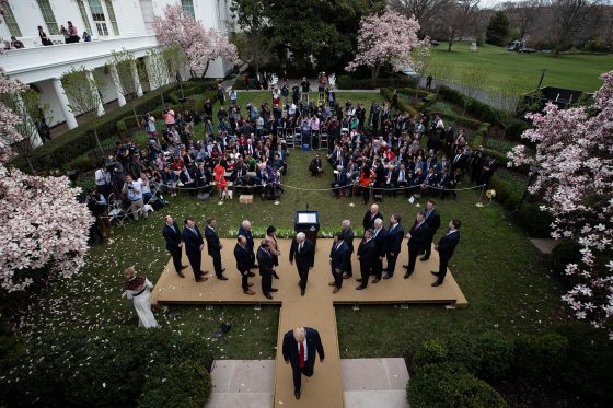 President Donald Trump departs after speaking about the coronavirus in the Rose Garden at the White House in Washington, D.C., on March 13, 2020.