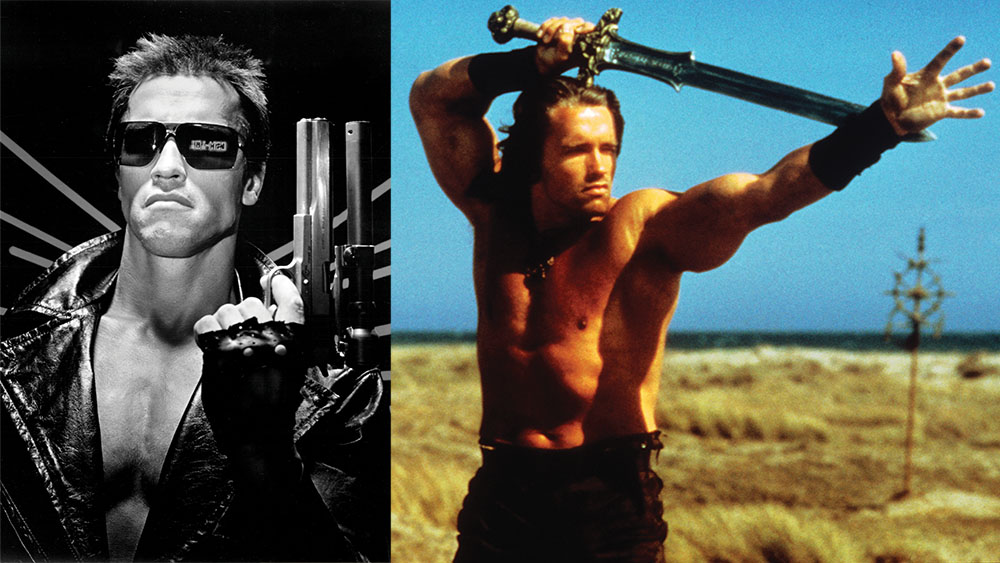 From left Schwarzenegger in The Terminator 1984 and Conan the Barbarian 1982, the franchises that launched his prolific action career.