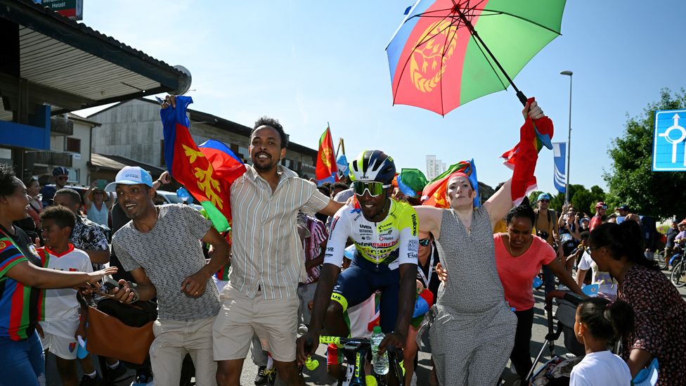 Cyclist Biniam Girmay of Eritrea and Team Intermarché-Circus-Wanty reacts after winning stage two of the 86th Tour de Suisse 2023, Nottwil, Switzerland - Monday 12 June 2023