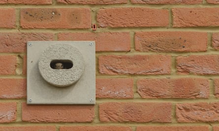 A swift poking its head out of a nesting brick on the side of a new house in Fulbourn, Cambridgeshire.