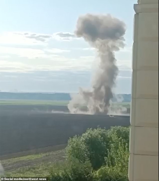 A suspected Ukrainian drone appears to explode with a mushroom cloud near Usovo village, which is close to Vladimir Putin's official residence, May 2023