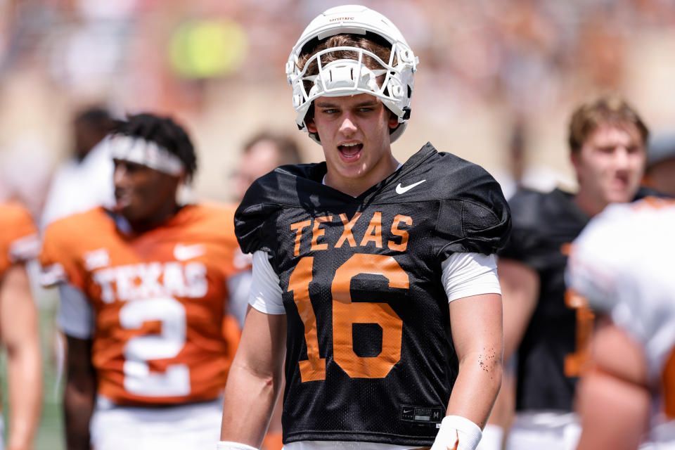 AUSTIN, TEXAS - APRIL 15: Arch Manning #16 of the Texas Longhorns reacts during the Texas Football Orange-White Spring Football Game at Darrell K Royal-Texas Memorial Stadium on April 15, 2023 in Austin, Texas. (Photo by Tim Warner/Getty Images)