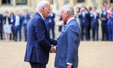 Joe Biden and King Charles shake hands in the Quadrangle at Windsor Castle in their first meeting since the King’s coronation.