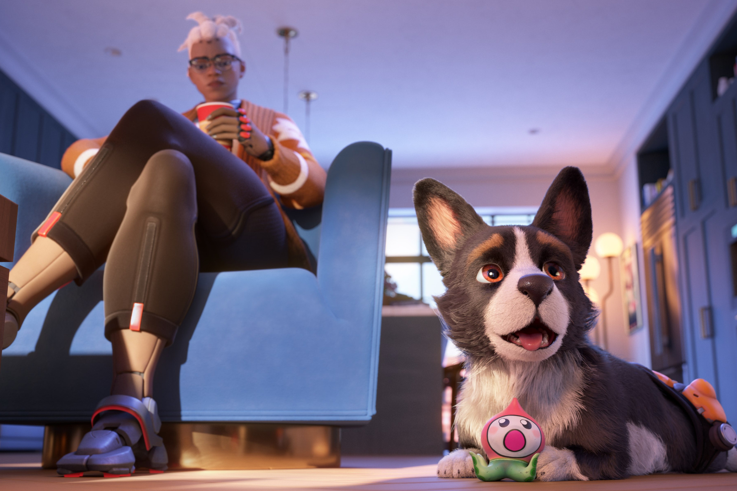 Screenshot from the Calling cinematic featuring Sojourn and her corgi Murphy