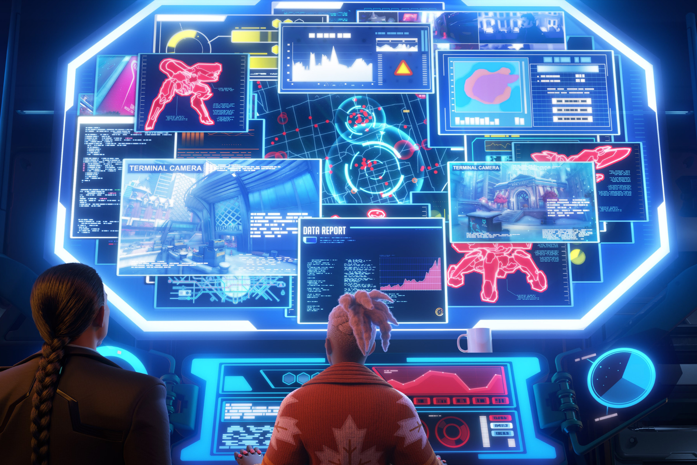 Screenshot from the Overwatch 2 cinematic Calling featuring Sojourn and Detective Tremblay standing in front of a huge monitor displaying reports and images from around the world