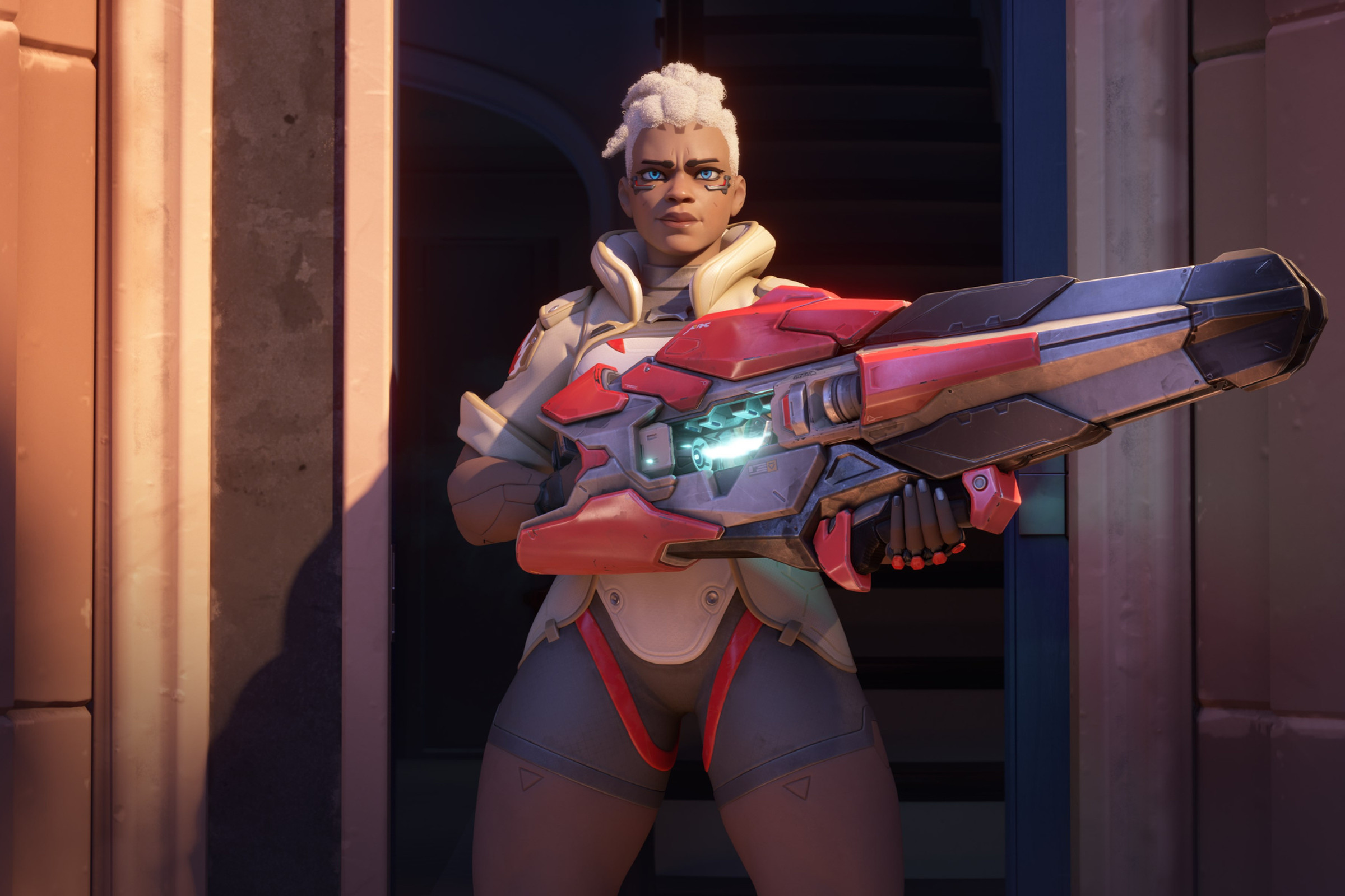 Screenshot from the Overwatch 2 cinematic Calling featuring the hero Sojourn standing with her signature railgun as she embarks to save her city