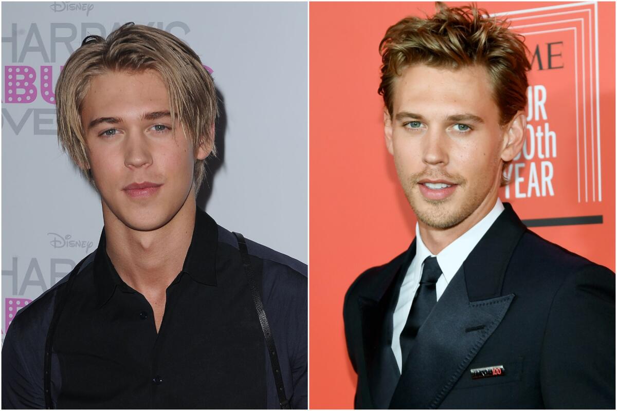 A younger Austin Butler in a black shirt and long hair next to a recent photo of him in a suit, tie and light facial hair