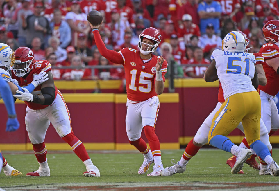 Kansas City Chiefs quarterback Patrick Mahomes (15) led the Chiefs to another win over the Chargers. (AP Photo/Peter Aiken)