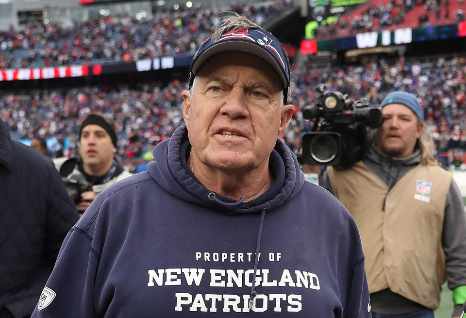 FOXBOROUGH, MASSACHUSETTS - OCTOBER 22: Head coach Bill Belichick of the New England Patriots takes the field after their victory in the game against the Buffalo Bills at Gillette Stadium on October 22, 2023 in Foxborough, Massachusetts. (Photo by Maddie Meyer/Getty Images)