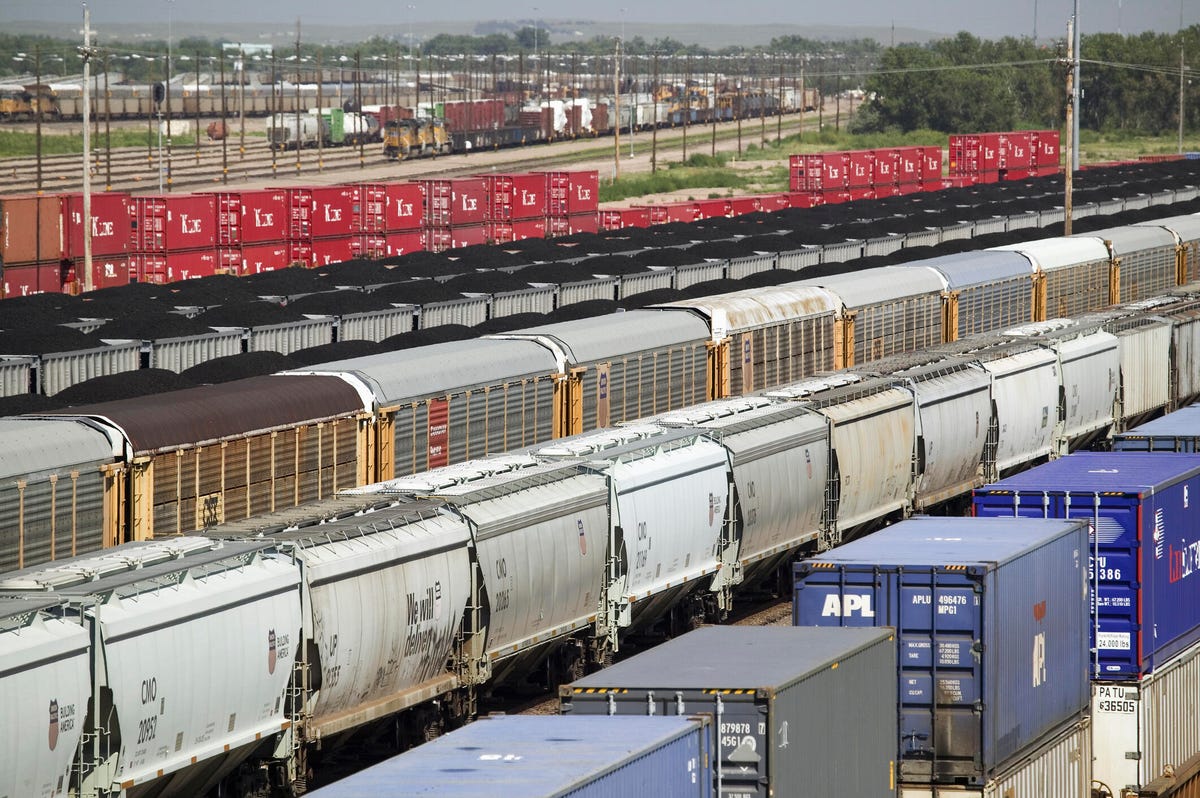 An elevated view of freight cars in a train yard in North Platte, Nebraska.