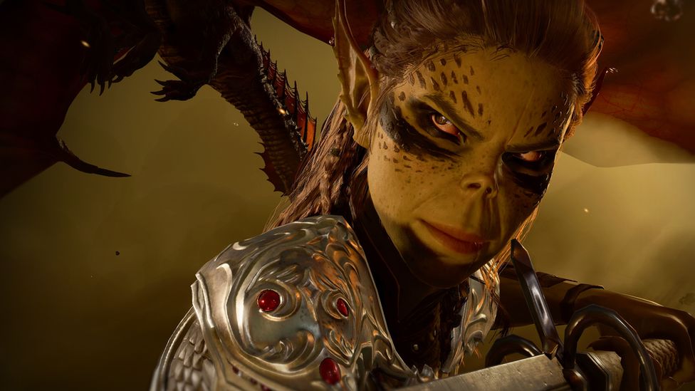 A mythical female warrior from Baldur's Gate 3 with green skin and pointy ears. She looks stern, her red eyes focused on something in the distance. We can see her braided hair spilling down her back and the silver shoulder guard of her ornate armour. In the background, a large, black dragon flies into the shot through a thick yellowish-brown cloud.
