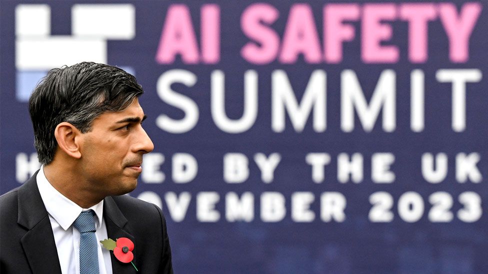 British Prime Minister Rishi Sunak speaks to journalists upon his arrival for the second day of the UK Artificial Intelligence (AI) Safety Summit at Bletchley Park on November 2, 2023 in Bletchley, England
