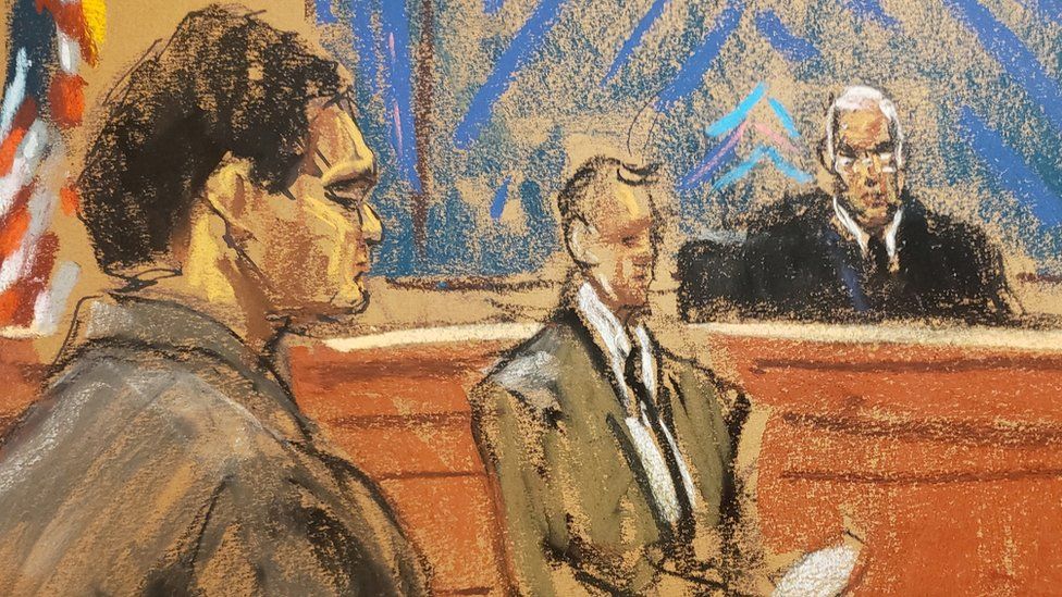 FTX founder Sam Bankman-Fried stands as the jury foreperson reads the verdict in his fraud trial over the collapse of the bankrupt cryptocurrency exchange at federal court in New York City, US, 2 November, 2023, in this courtroom sketch.
