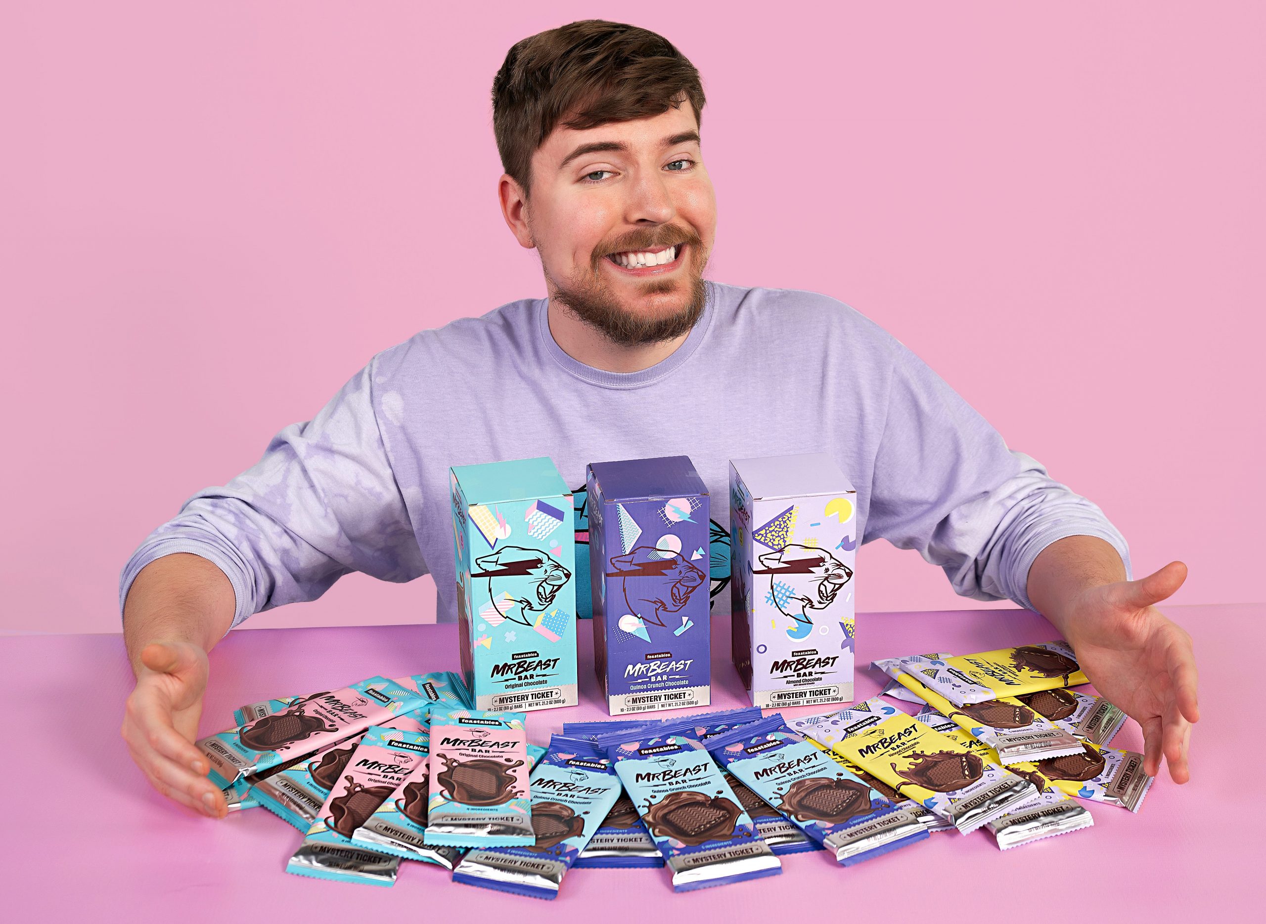 YouTuber MrBeast posing with his Feastables chocolate range.