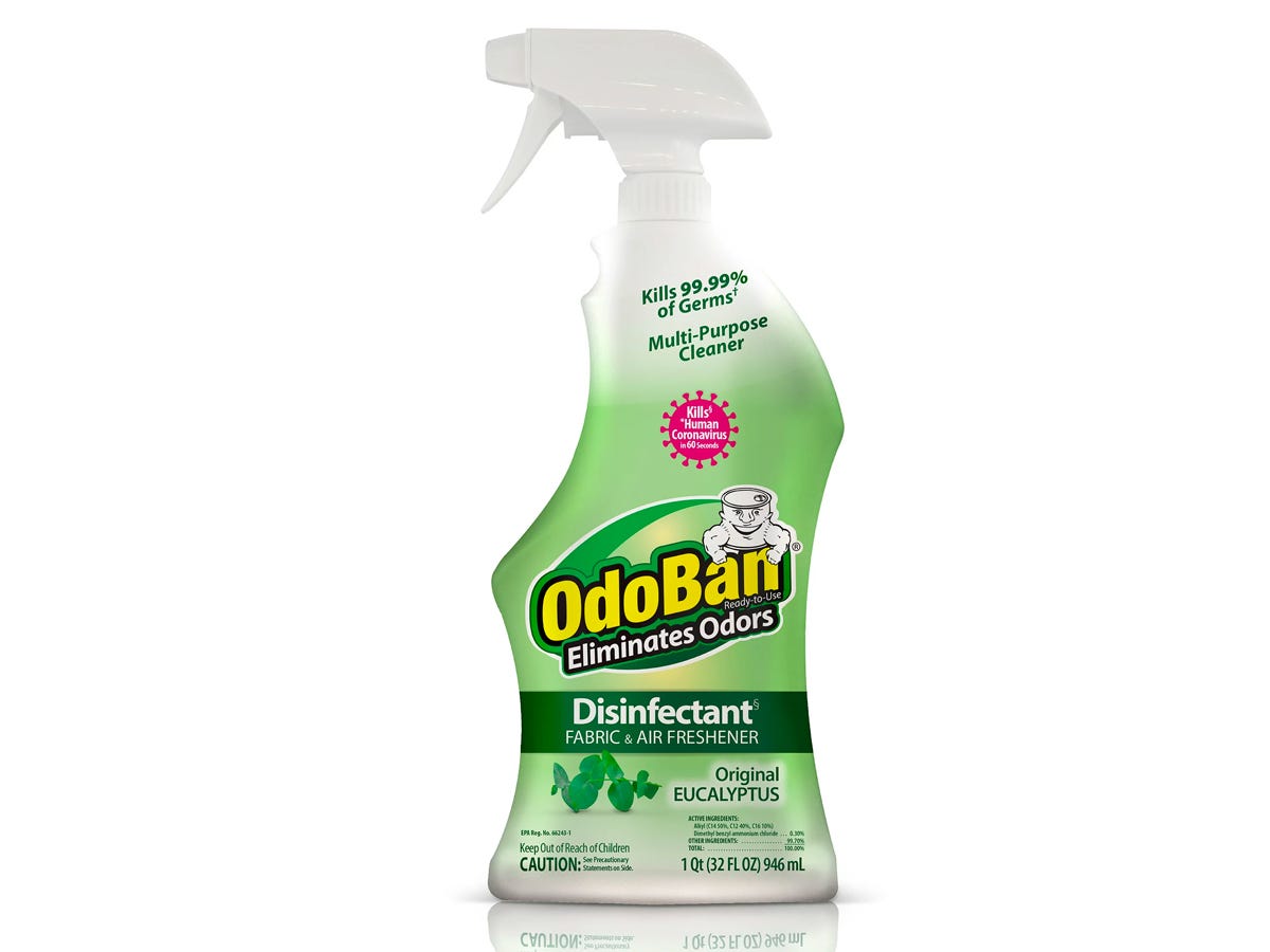 Spray bottle of OdoBan Original Eucalyptus Scent Disinfectant Fabric & Air Freshener.