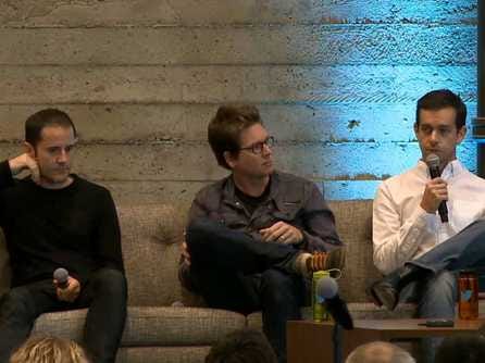 Jack Dorsey sitting on a couch with Biz Stone and Evan Williams.