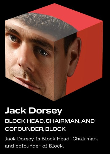 Jack Dorsey's official photo on the Block website: His face on a red cube.