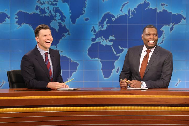 Colin Jost and Michael Che got to roast President Joe Biden and Donald Trump during the first "Weekend Update" of 2024 on Saturday.