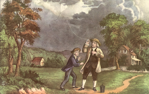 A Currier & Ives lithograph of Benjamin Franklin and his son William using a kite and key during a storm to prove that lightning was electricity.