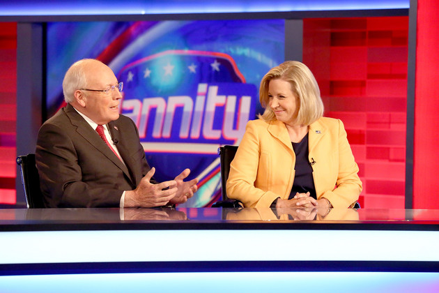 Former Vice President Dick Cheney, left, and his daughter Liz Cheney, right. visit FOX News Channel's 'Hannity' regarding their new book.