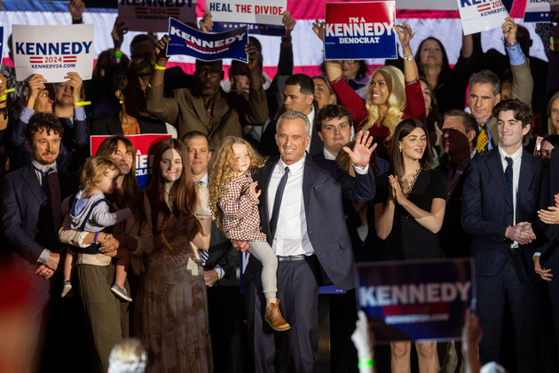 Robert F. Kennedy Jr. is joined by family and supporters on stage after announcing his candidacy for President.