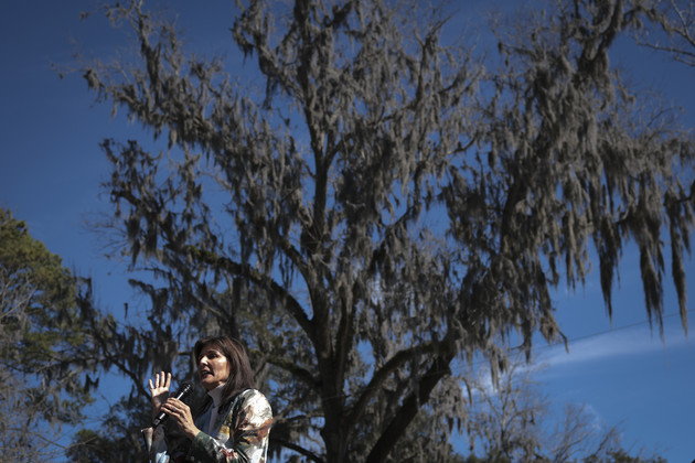Nikki Haley speaks during a campaign event at the Bluffton Oyster Factory Park in Bluffton, South Carolina.
