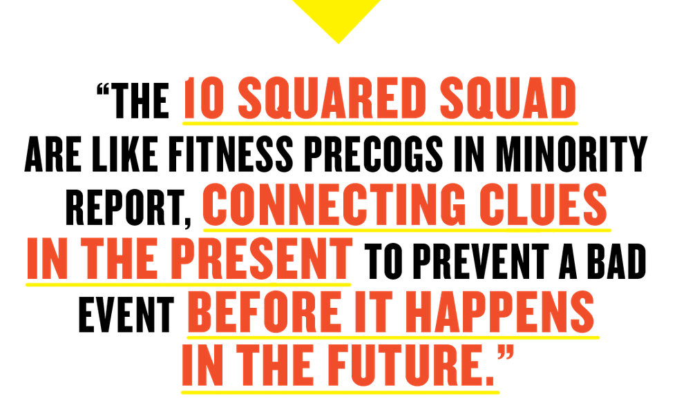 the 10 squared squad are like fitness precogs in minority report connecting clues in the present to prevent a bad event before it happens in the future