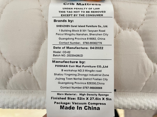Sewn-in label showing 4/2022 manufacture date, model CD-02 and batch number 20220428CD