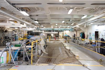 The interior of the Ocean Link. Netted-off areas lead to the cable tanks. To the left is the jointing station, where cables are spliced.