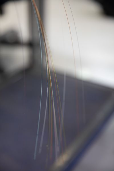 Very tiny fibers in various colours hang in focus with the background blurred. These fibers make up the core of submarine cables.