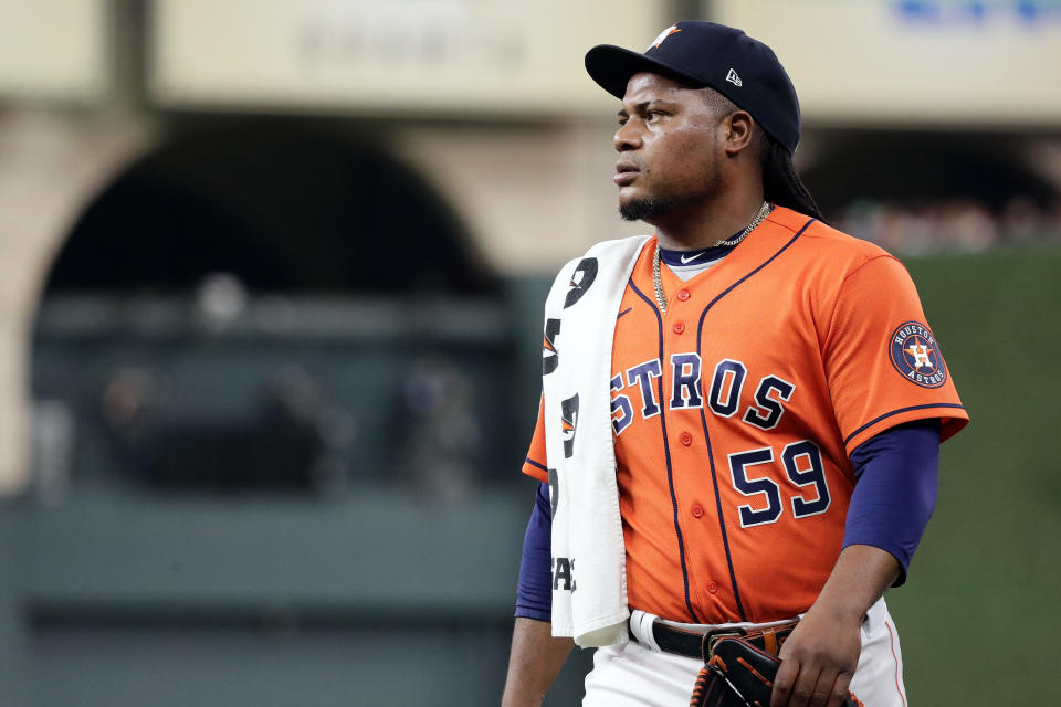 HOUSTON, TEXAS - OCTOBER 22: Framber Valdez #59 of the Houston Astros looks on prior to Game Six of the American League Championship Series against the Texas Rangers at Minute Maid Park on October 22, 2023 in Houston, Texas. (Photo by Bob Levey/Getty Images)