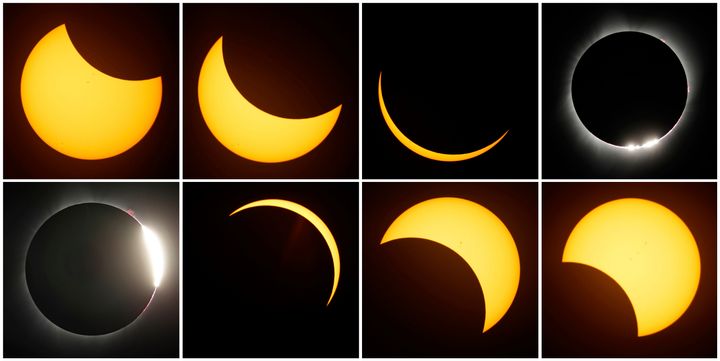 The moon is pictured eclipsing the sun in stages on Aug. 21, 2017. On Monday, the moon will cast its shadow across a stretch of the U.S., Mexico and Canada, plunging millions of people into midday darkness.