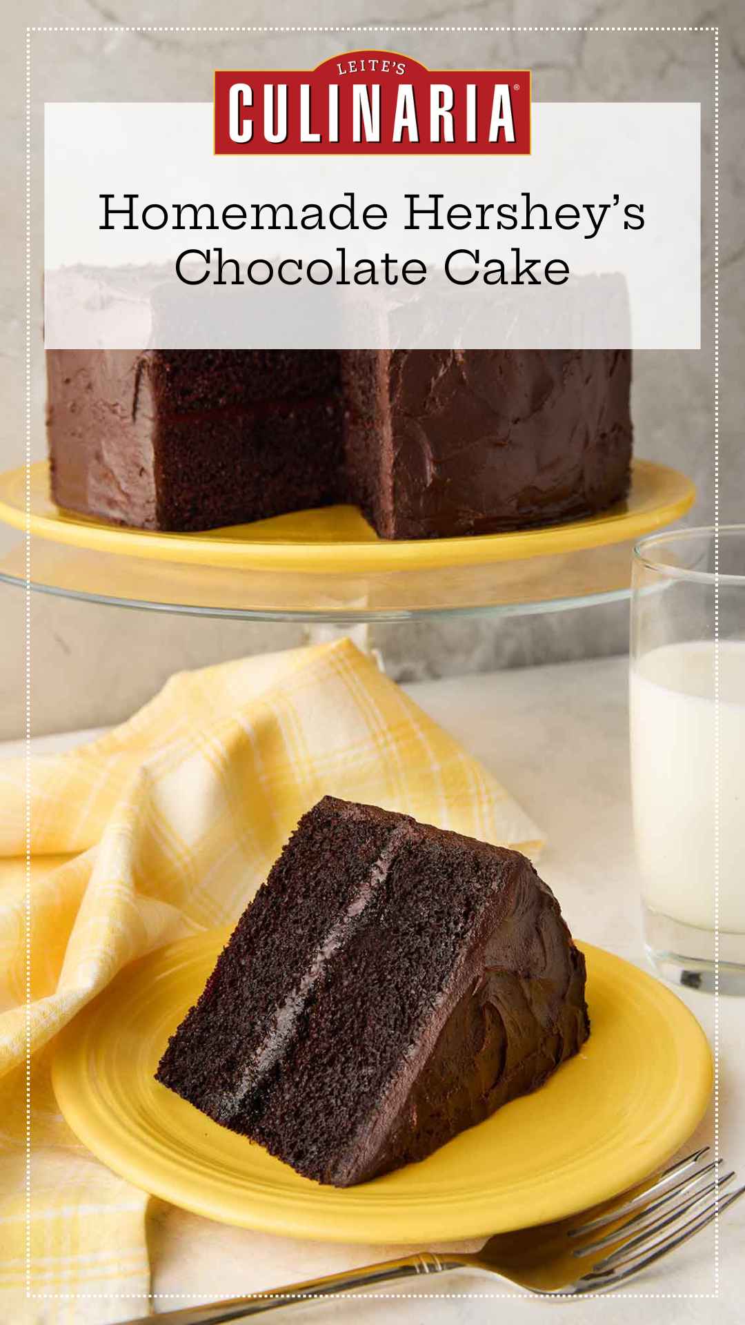 A slice of Hershey's chocolate cake with chocolate frosting on a yellow plate, with the remaining cake on a stand in the background.