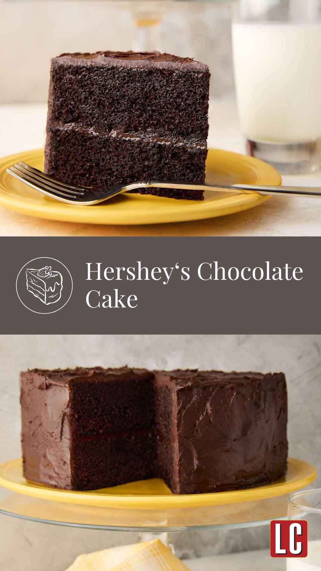 A slice of Hershey's chocolate cake with chocolate frosting on a yellow plate, with the remaining cake on a stand in the background.