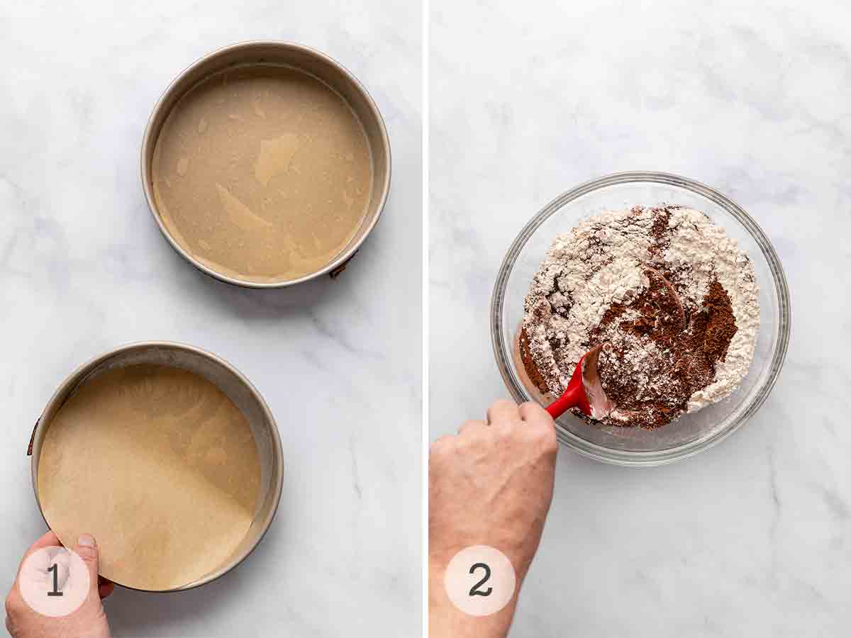 Two cake pans lined with parchment rounds; a person mixing dry ingredients in a bowl.