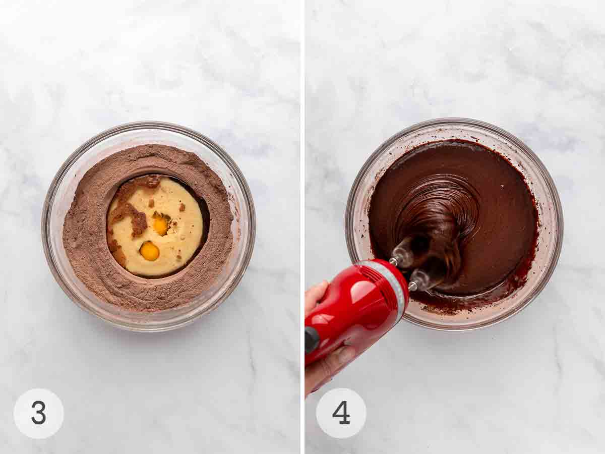 Eggs, oil, and milk in a well in the center of dry ingredients; a hand mixer beating cake batter.