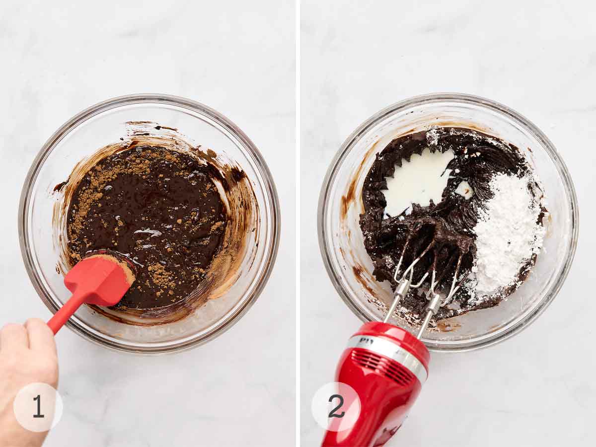 A person using a spatula to mix cocoa and melted butter; powdered sugar and milk being beaten into chocolate frosting.