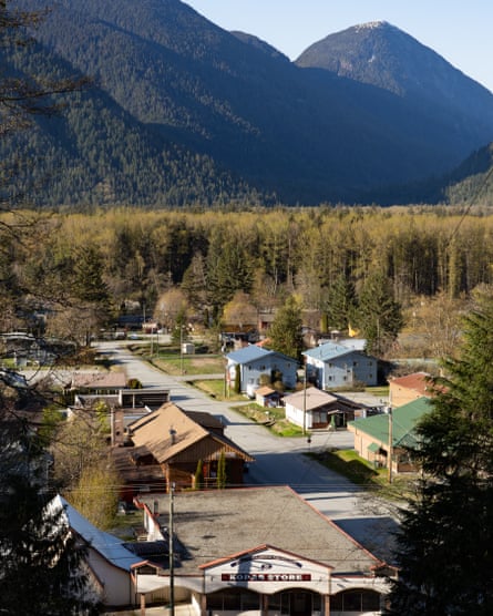 An aerial shot of a quiet road lined with several low-rise buildings, which give way to forest, out of which a tree-covered mountain rises.