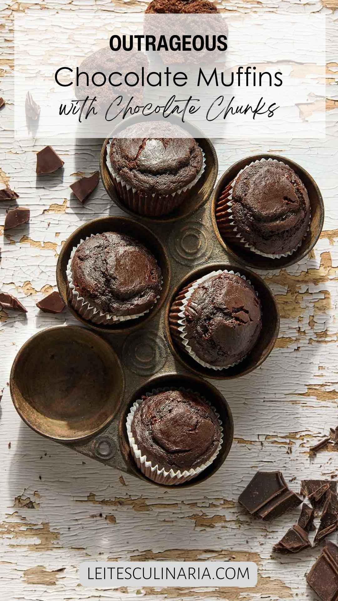 Five chocolate muffins in an antique muffin tin.