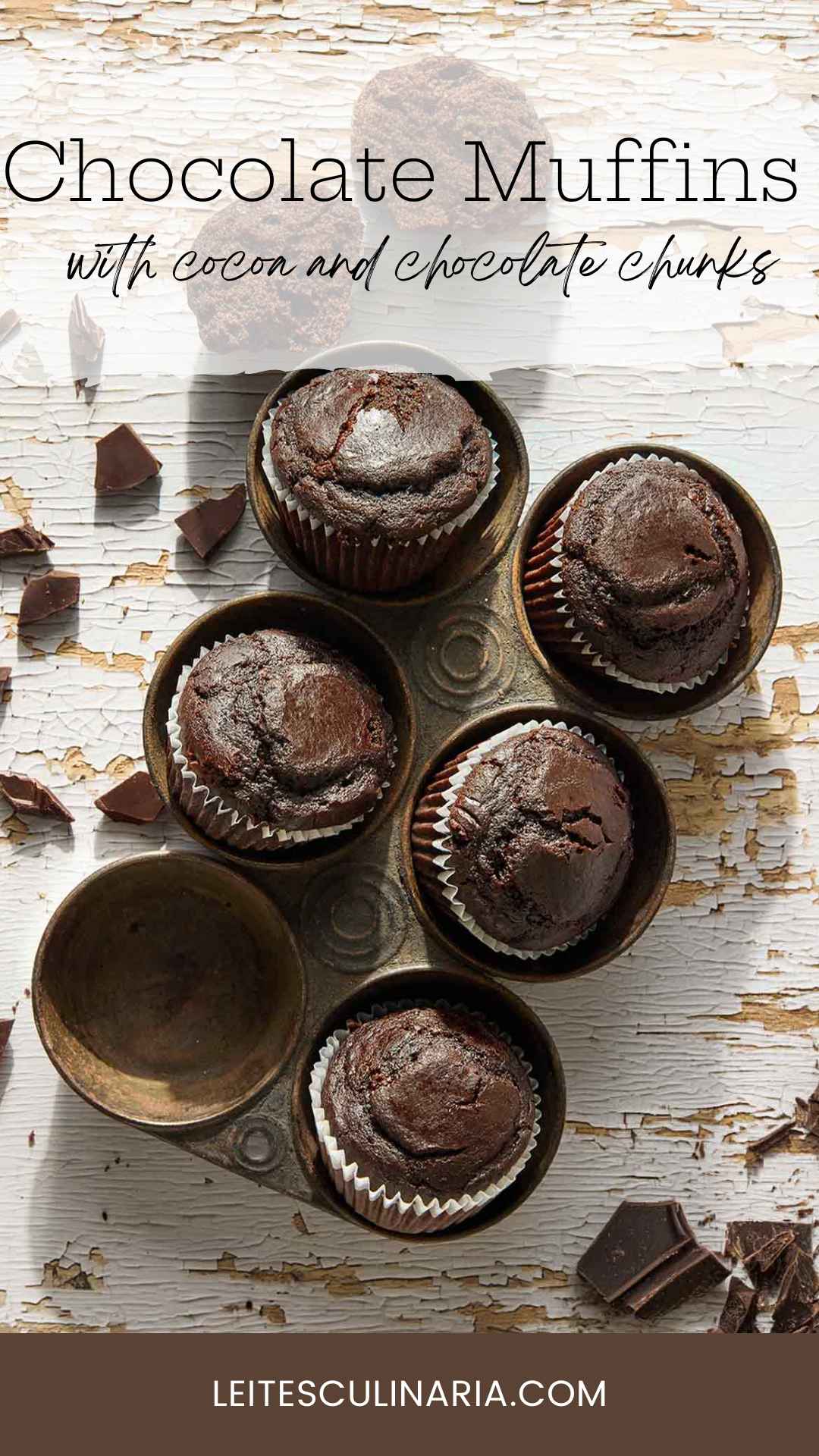 Five chocolate muffins in an antique muffin tin.