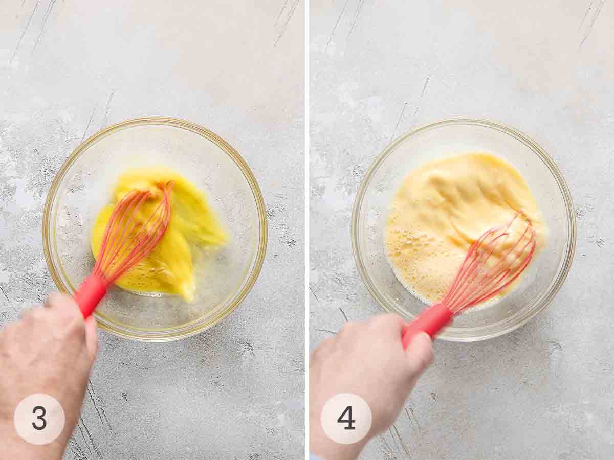 Eggs being whisked in a glass bowl; milk being whisked into the egg mixture.