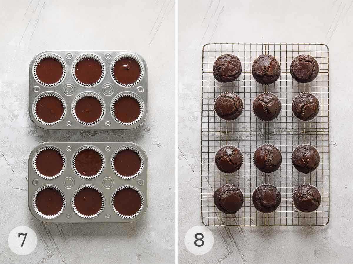 Twelve muffin cup liners filled with muffin batter; twelve chocolate muffins cooling on a wire rack.