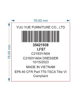 White label on rear panel of recalled dresser (Cherry)