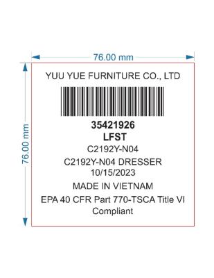 White label on the rear panel of recalled dresser (White)