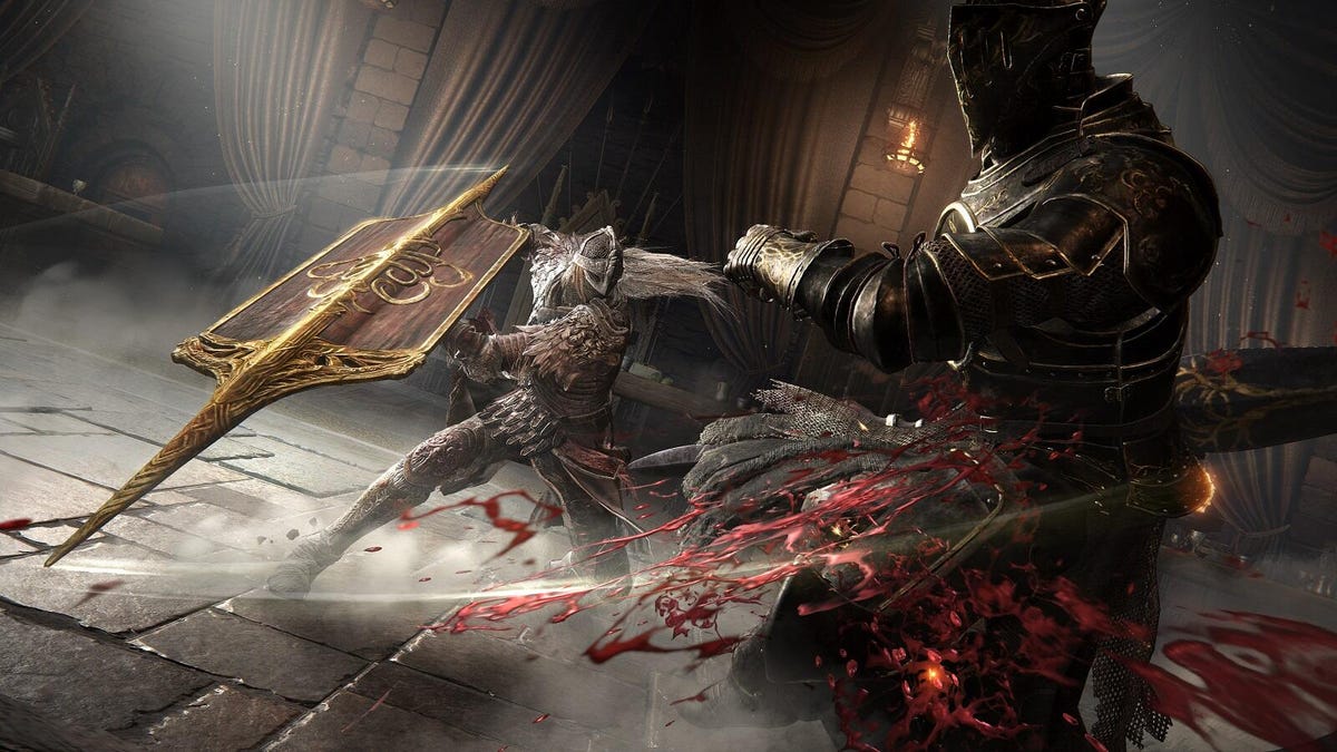 A knight uses a bladed shield to slash at an enemy.