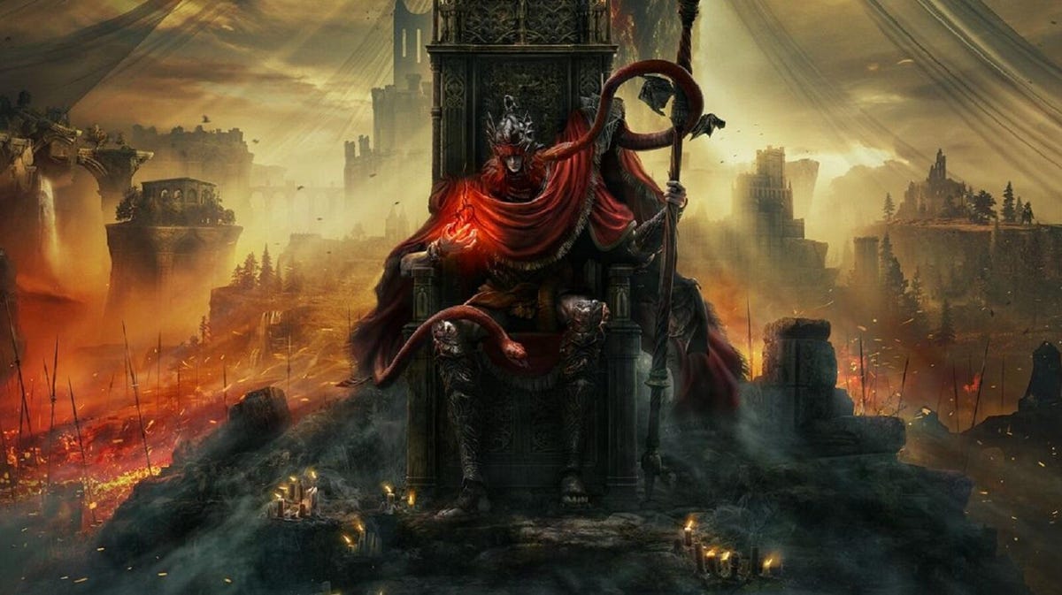 A man in red holding a spear sits on a throne while behind him stretches a war-soaked land wreathed in flame and shadow, as well as a dim golden light.