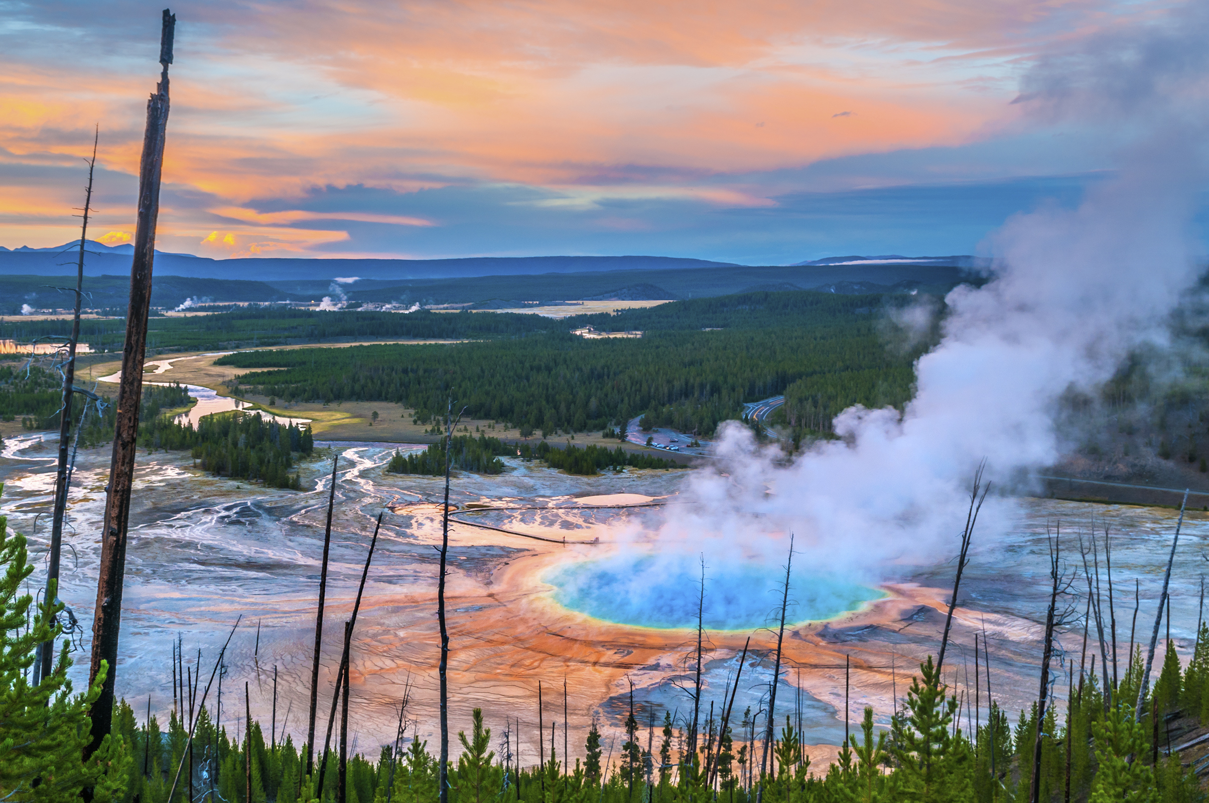 The Grand Prismatic Spring viewed from above, Yellowstone National Park, USA