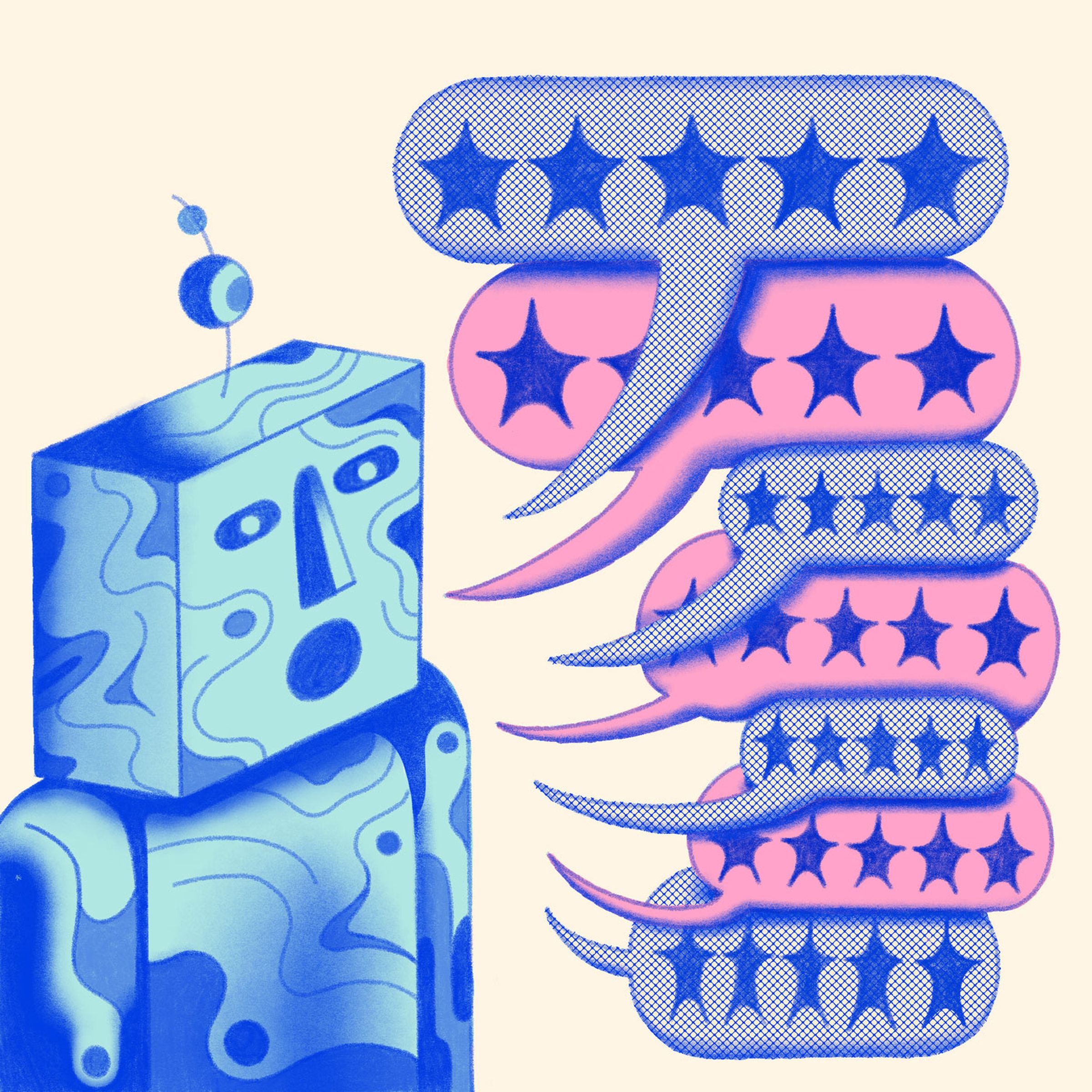 A robot surrounded by speech bubbles that are filled with five stars, like what you’d see on a product review.